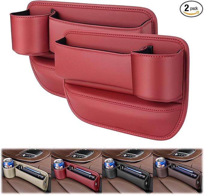 Peticehi Car Leather Cup Holder Gap Bag, No Logo Leather Car Seat Storage Box with Water Cup Holder, Car Seat Gap Filler Organizer (for 1 Pair,Red)