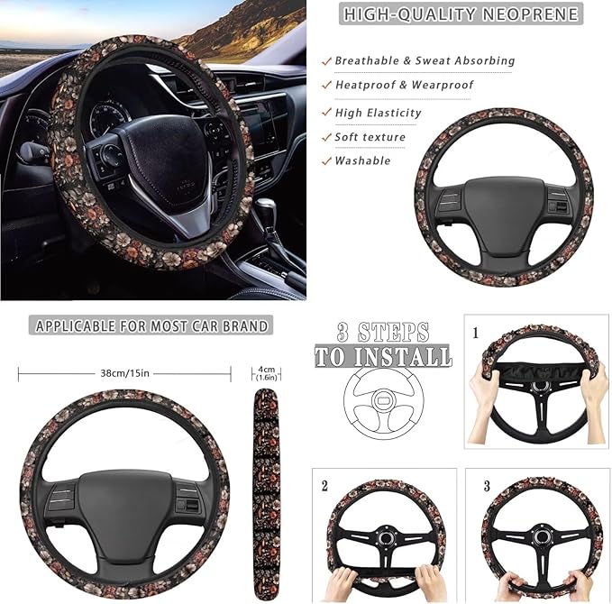 10 PCS Car Interior Accessories Sets for Women, Mushroom Flower Printed Comfortable Breathable Car Front and Back Seat Protector with Steering Wheel Cover Trash Can Coaster, Universal Fits