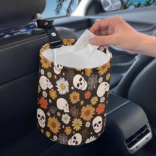 Brosoneto Halloween Gothic Skull Car Trash Bag Portable Garbage Bin Hippie Daisy Retro for Car Front Seat, Back Seat, Floor, Easy to Clean Car Garbage Accessory Car Interior Decoration