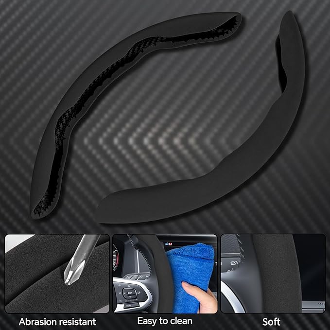 PAUUOOA 2 Piece Alcantara Steering Wheel Cover - Split Sport Design for D & O Shape Wheels, Soft Touch · Anti-Slip Grip · All Season Comfort · Durable Luxury Material for Performance Cars