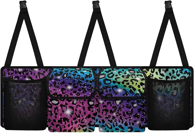 SEANATIVE Colorful Shiny Leopard Car Trunk Organizer, Backseat Hanging Organizer with 4 Large Storage Bag Super Capacity -Trunk Organizer for SUV,Truck,Van -Your Space Saving Expert
