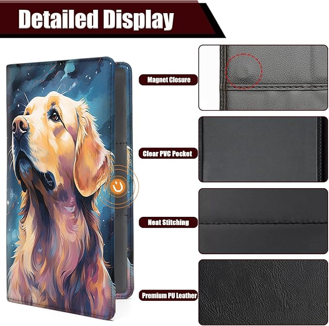 Car Registration and Insurance Holder, PU Leather Auto Document Holder for Men&Women, Vehicle Glove Box Compartment Organizer with Magnetic Shut for Driver's License, Golden Retriever Dog Pattern