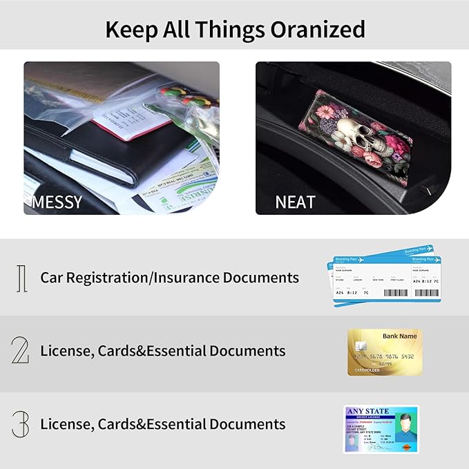 Mxfdegf Car Registration & Insurance Holder, Leather Glove Box Organizer, Cool Accessories for ID, Driver's License Cards & Essential Documents, Men & Women's Business Cards, Rose Skull Flower
