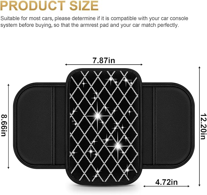 Bling Center Console Cover with 2 Side Pockets Fit for Land Cruiser Multi-Functional Car Armrest Cushion Diamond-Studded Rhombus Pattern Style(Black&Silver Diamond)