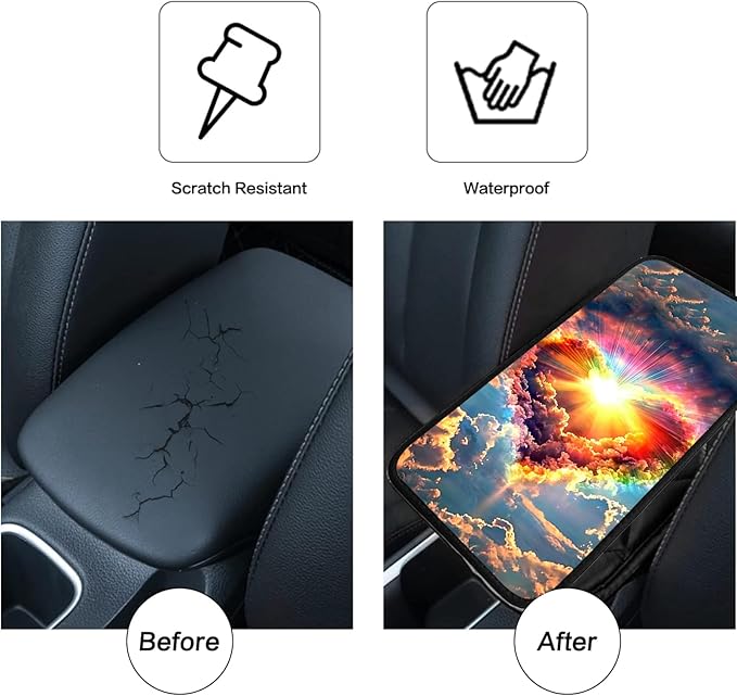 JANENFNA Car Armrest Cover Pads Universal Fashion Cute Auto Center Console Armrest Cover Pad with 2PCS Car Coasters Soft Waterproof Car Armrest Seat Protector for Women,Rainbow Heart Clouds