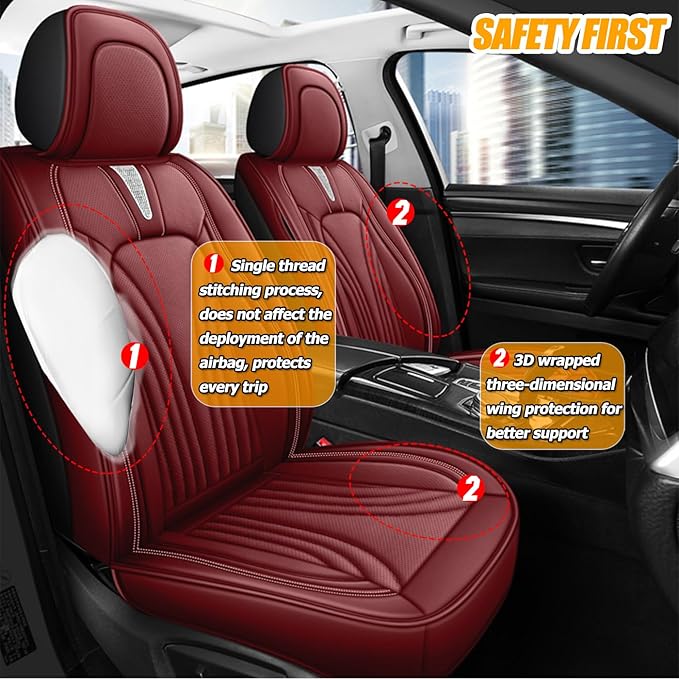 Car Seat Covers for 2 Seats - Nappa Leather 3D Foam Back Support, Super Breathable, All Season Car Seat Cushion with Storage Bags, Universal Fit for Most Cars, Colour- Burgundy