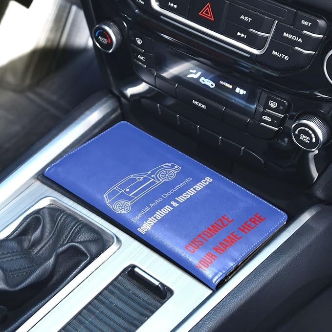Caihoyu Custom Car Registration and Insurance Card Holder Personalized Leather Glove Box Organize Men Women Wallet Accessories Case for Cards, Essential Document Driver License Royal Blue