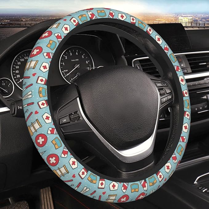 Nurse Whimsy Blue Universal Fit Steering Wheel Cover for Car, Truck, and SUV, Durable Steering Wheel Protection