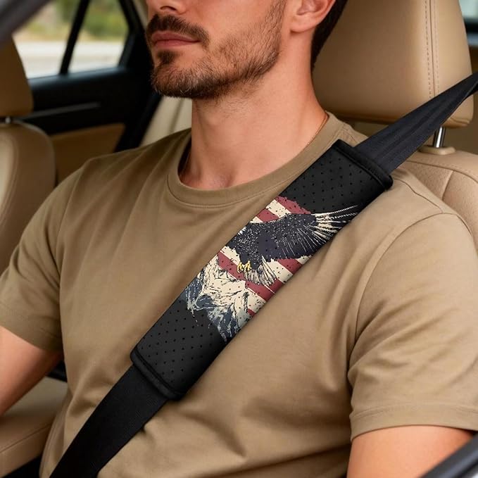 Qeluxign 5 Piece Car Seat Covers Set for Women Men PU Leather Seat Covers Belt Pads and Armrest Cover Universal Fit Car Accessories,American Flag Bald Eagle