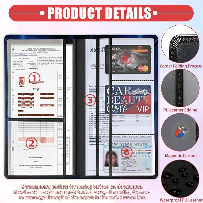 Car Document Holder with Magnetic Shut, Car Registration & Insurance Card Holder, Waterproof PU Leather Glove Box Organizer Vehicle Accessories Driver License for Women/Men, Dragon Pattern