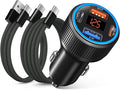 65W USB C Car Charger for iPhone 17/Air/16e/16 Pro Max Plus, 4-Port Dual 12V USB-C&USB-A QC/PD 3.0 Fast Charging Car Charger Cigarette Lighter Adapter Voltmeter for iPhone,iPad,Galaxy+2X USB C Cable
