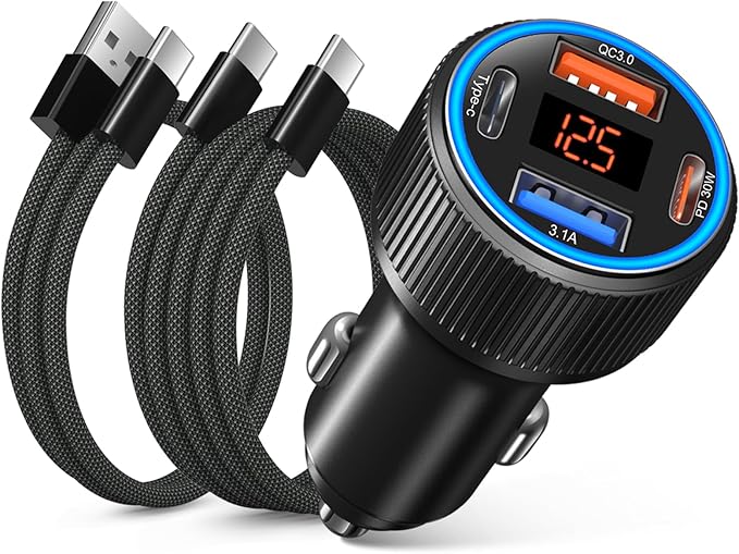 65W USB C Car Charger for iPhone 17/Air/16e/16 Pro Max Plus, 4-Port Dual 12V USB-C&USB-A QC/PD 3.0 Fast Charging Car Charger Cigarette Lighter Adapter Voltmeter for iPhone,iPad,Galaxy+2X USB C Cable