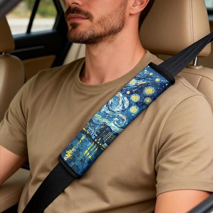 Qeluxign Starry Night Car Seat Cover Set with Armrest Cover Cushion PU Automotive Car Cover and Seat Belt Shoulder Straps Pad, Universal Fit for Truck Sedan SUV, Pack of 5