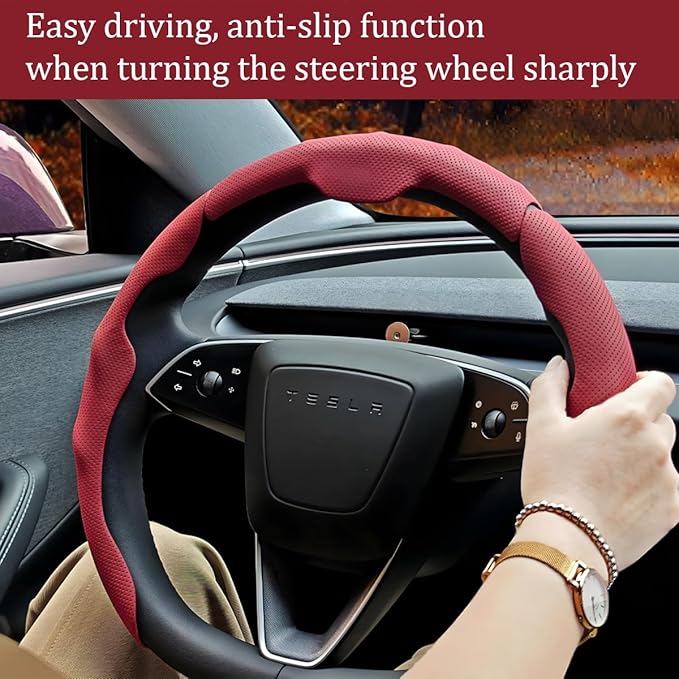 Car Steering Wheel Cover, Nappa Leather 15 Inch Snap-On 3PCS Set Vehicle Steer Wheel Wrap Protector, Non-Slip Automotive Interior Protection Accessories, Universal Fit (Red)