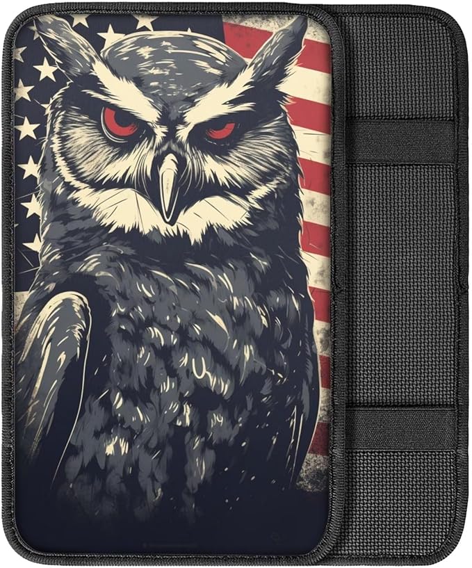 Car Center Console Pad, Universal Waterproof Car Armrest Seat Box Cover, Car Interior Accessories for Most Vehicle SUV Truck Vintage American Flag Owl Car Armrest Pad