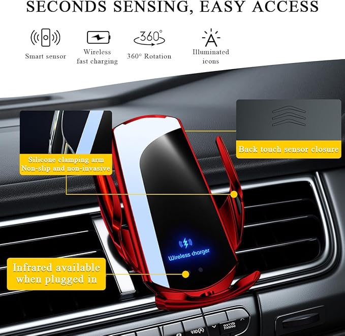Wireless Car Charger Mount, 15W Automotive Electric Wireless Charger Holder, Car Air Vent Mount Bracket Fast Charging for Most Smartphone, Universal Car Accessories (Red)
