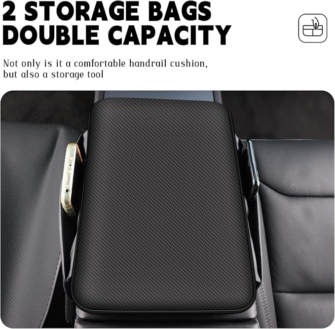 Car Armrest Cover Pad - Nappa Leather Car Center Console Cover with Breathable Holes, Non-Slip Auto Arm Rest Cushion, Universal Car Interior Accessories Fit forTesla Model Y Most Cars, SUVs (Black)