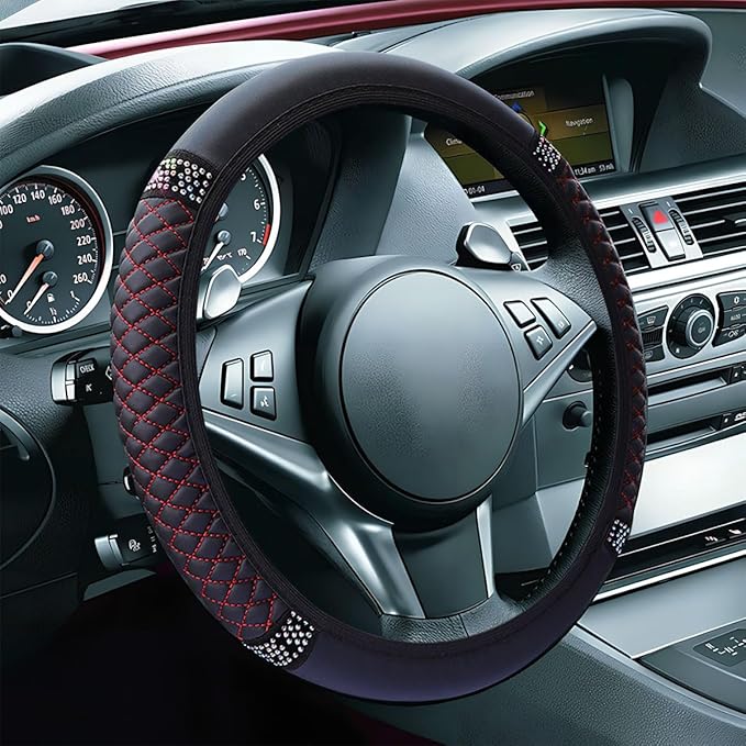 Bling Soft Leather Steering Wheel Cover, 15" Anti-Slip Sparkly Crystal Auto Elastic Steering Wheel Protector for Women Girl, Colorful Diamond Car Interior Accessory for Most Cars (Black/Red)
