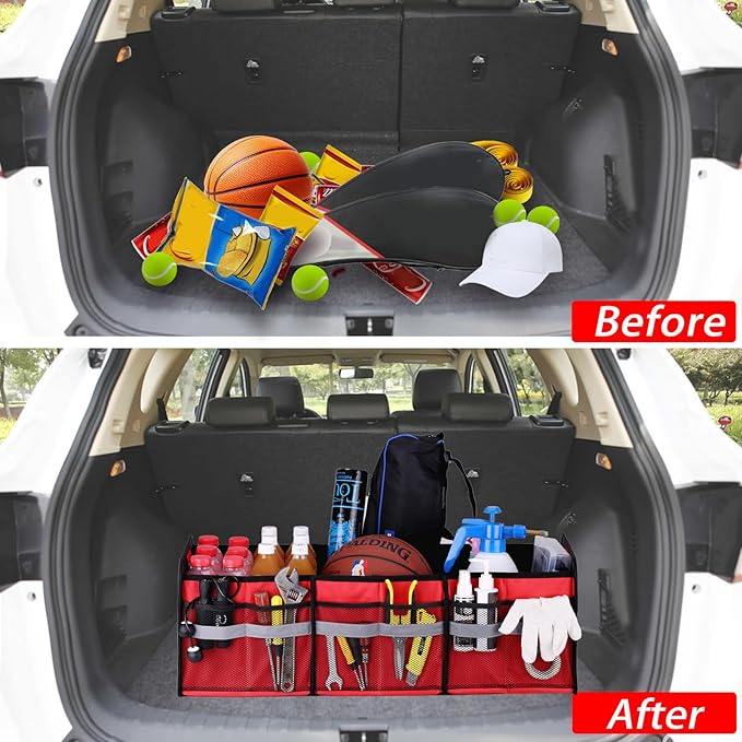Homeve Large Collapsible Trunk Organizer with Multi Pockets, 3 Compartments Storage Organizer for Car, SUV, Minivan…
