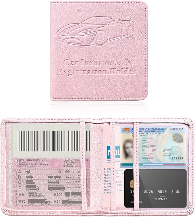 Ziciner Car Registration and Insurance Holder, Auto Card Document Glove Box Organizer with Magnetic Closure, Universal Vehicle Interior Accessories for Cars SUVs (Pink-Small)