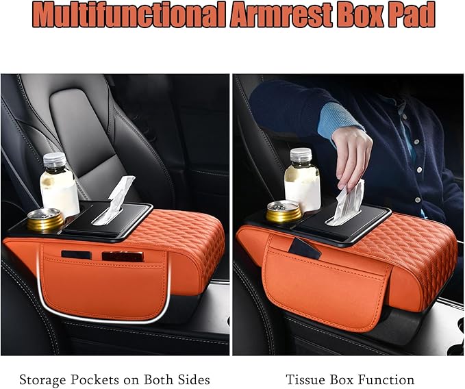 Car Armrest Center Console Cover for Chevrolet Suburban 2000–2025, Center Console Pad with Cup Holder, Multifunctional Armrest Cushion,F Orange