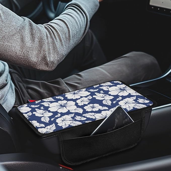 CLOHOMIN Blue Hibiscus Car Center Console Armrest Pad with 2 Pockets Fashion Auto Armrest Pad for Truck SUV Car Interior Decor Accessories Automobile Center Console Cushion Pad