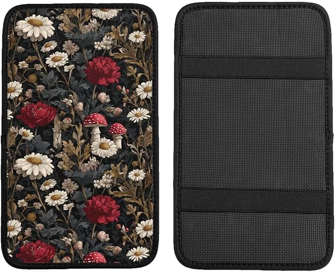 Red Floral Center Console Cover for Sedans Vans Truck Vehicles, SUVs Vintage Mushroom Black Arm Rest Cushion Pad Armrest Cushion Covering Padding Anti-Scratch Lid Covers