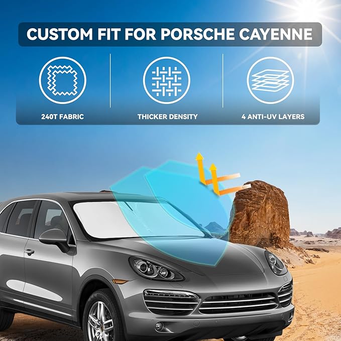 for Porsche Cayenne 2019-2024 2025 Windshield Sun Shade - 4 Layers Car Sunshades for Front Windows Shade Cover Custom Fit Cayenne Sun Visor 240T Retractable Shade Blocks UV Rays Car Accessories