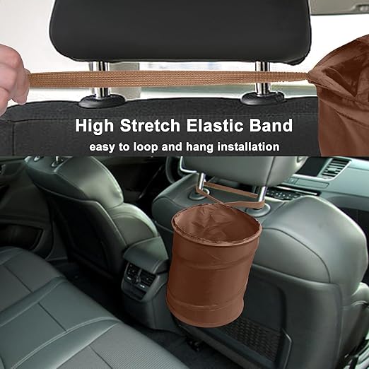 Kincown Car Trash Can, 2 Packs Mini Collapsible Car Trash Bin for Front Back Seat, Pop up Car Garbage Can, Portable Car Trash Bag Hanging for Vehicle SUV Rv Truck Accessories Interior, Brown