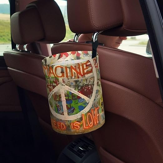 Rectangle Peace Sign Graffiti All You Need Is Love Car Trash Can Leak Proof Hanging Waterproof Garbage Can Multipurpose Trash Bin for Car SUV Front Seat Headrest Collapsible Portable Storage Pocket