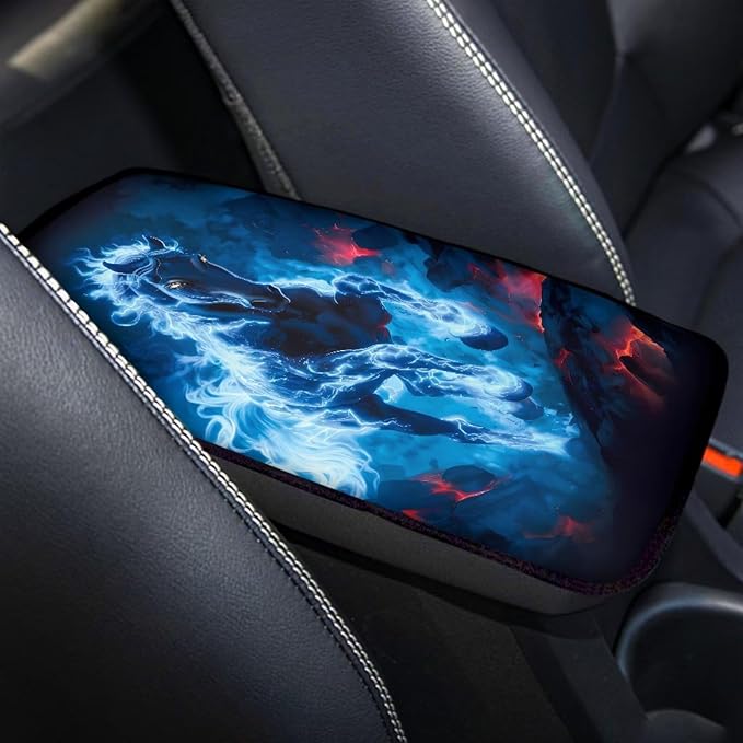 Fire Horse Print Armrest Cover Pad for Car Scratch Proof Decorative Vehicle Center Console Armrest Cover Pad Suitable for Most Vehicle Truck SUV Sedan