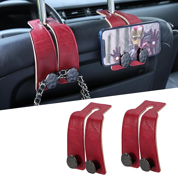 URIZZD 2PCS Leather Car Seat Hooks for Headrest, Vehicle Hanger Storage Organizer Universal for Handbag Purse, Car Accessories Gift (Red-Black)