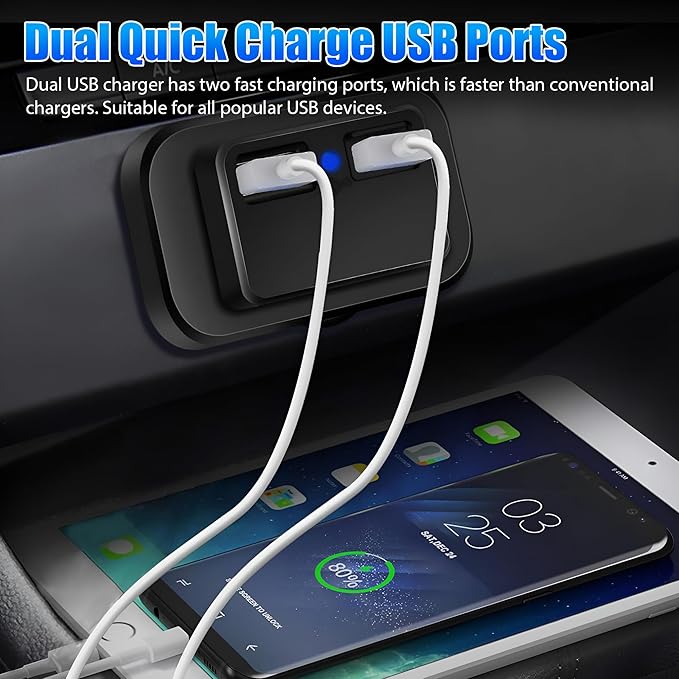 12V USB Outlet Automotive USB Port Panel Mount 12V USB Charger Multi Port Switch Panel Car Charger Socket Power Dual Port 12V 24V Quick Car Charger for Cars Bus ATV RV Boat Truck, 3.1A (2 Pack)