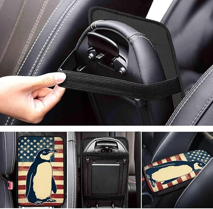 Car Center Console Pad, Universal Waterproof Car Armrest Seat Box Cover, Car Interior Accessories for Most Vehicle SUV Truck Vintage American Flag Penguin Car Armrest Pad