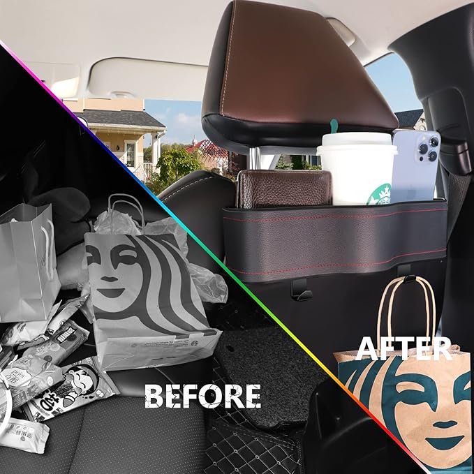Backseat Car Organizer, Multifunctional Back Seat Car Organizer with Cup Holder and 2 Seat Back Hooks for Snacks, Canned Drinks and Cell Phones