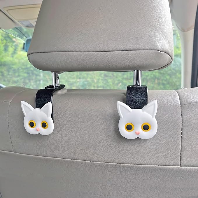 Cute Cat Hooks Cartoon Hanger Purse Hook Holder Car Storage Organizer Universal Car Seat Headrest Storage Hanger for Hanging Handbag Grocery Bags(White)