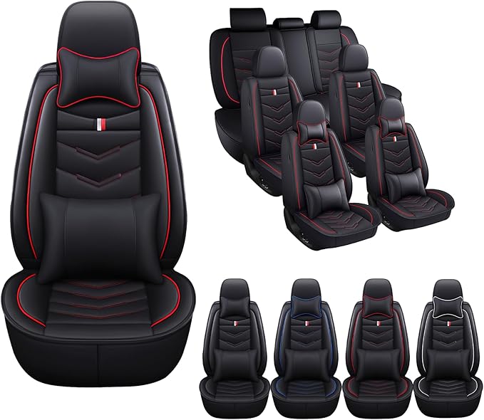 MVRVMV Car Seat Covers for GMC Acadia 2007-2026, Waterproof & Wear-Resistant Front and Rear Seat Protectors with 2* Neck Pillow and 2* Lumbar Support (7 Seat Luxury, Black-Red