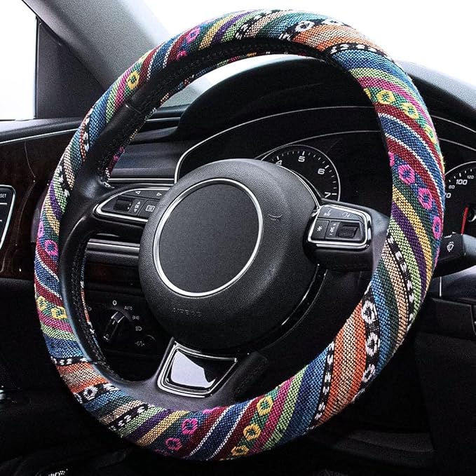 Limsas Boho Steering Wheel Cover Elastic Microfiber for Women, Universal Fit 15 inch Car SUV, Hippie Style Protector Cover, Anti-Slip, Breathable, Absorbing Sweat - 01