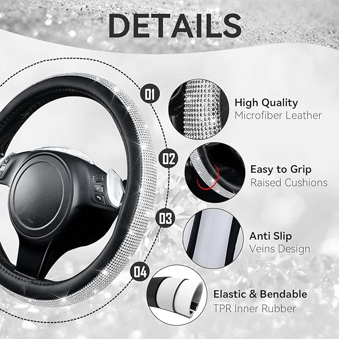 CAR PASS Bling Silver Diamond Leather Steering Wheel Cover, with Sparkly Crystal Glitter Rhinestone Universal Fit 13" 1/2-14" Small Car Wheel Protector for Women Girl Fit Car,SUV,Van,Sedan, Silver
