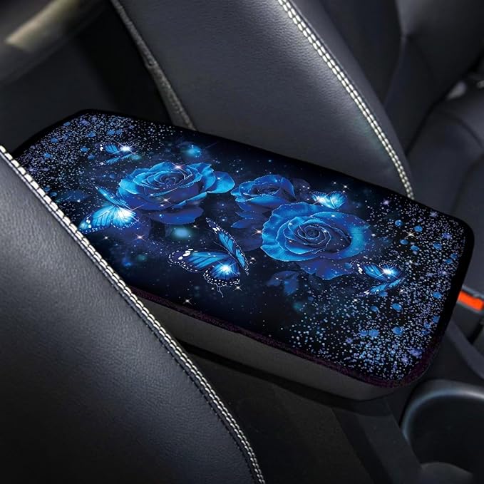 Rose Butterfly Print Car Center Console Armrest Cover Pad Non Slip Scratch Proof Auto Armrest Seat Box Cover Protector Car Interior Decor for Women