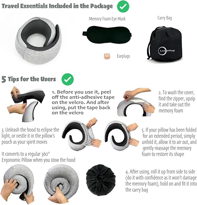 2025 Travel Neck Pillow,Stowable Hood,Ergonomic Neck Pillow Airplane,Premium Memory Foam,360º Support,Adjustable Fit,Washable Cover,Complete Travel Set,for Flight,Car and Office (Bright silver)