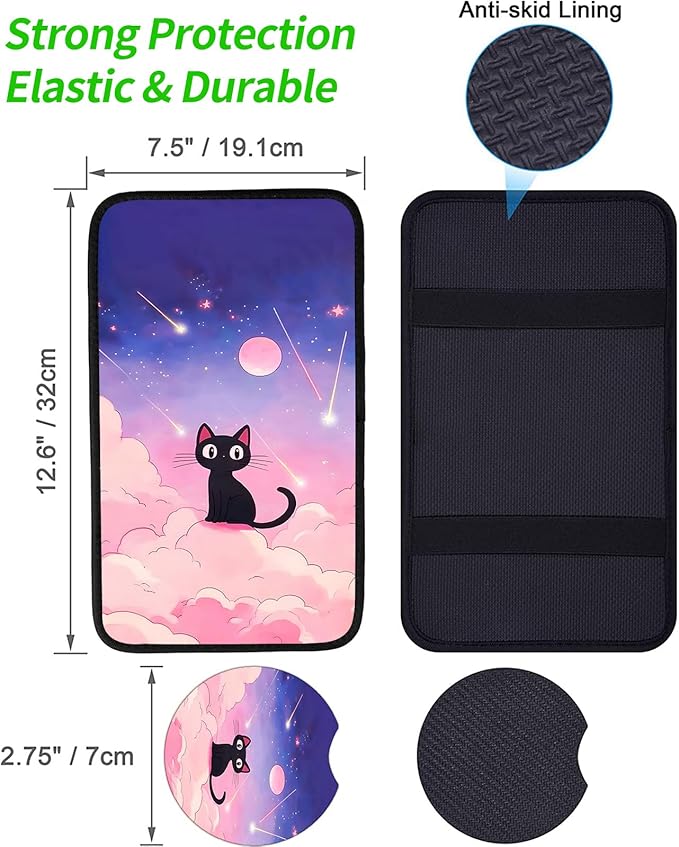 JANENFNA Car Armrest Cover Pads Universal Fashion Cute Auto Center Console Armrest Cover Pad with 2PCS Car Coasters Soft Waterproof Car Armrest Seat Protector for Women,Cute Cat on Pink Clouds
