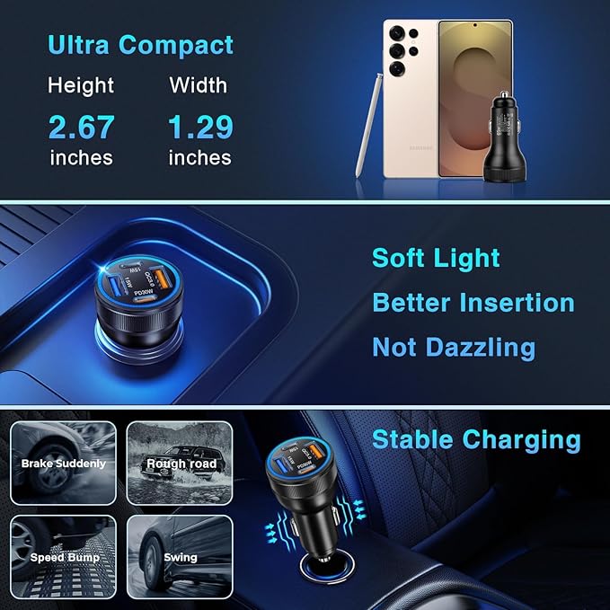 3-Pack Car Charger,4-Port 65W Fast Car Charger Adapter with PD+QC 3.0,12V Car Phone Charger with USB-A & USB-C Compatible with iPhone 17/16e/15 Pro Max, Samsung Galaxy S25 S24 S23, iPad