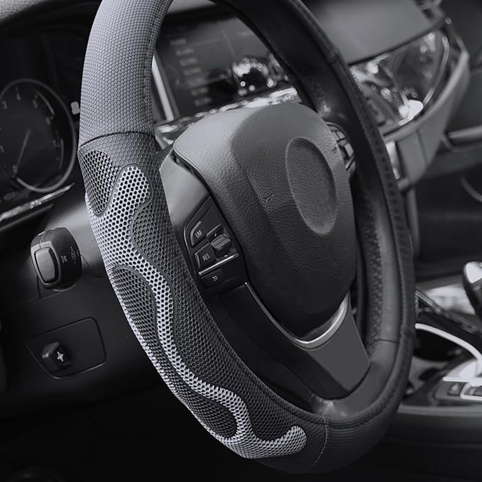 Elantrip Leather Steering Wheel Cover Great Grip with 3D Honeycomb Anti-Slip Design, Universal 15.5-16 inch Car Wheel Protector Black and Gray