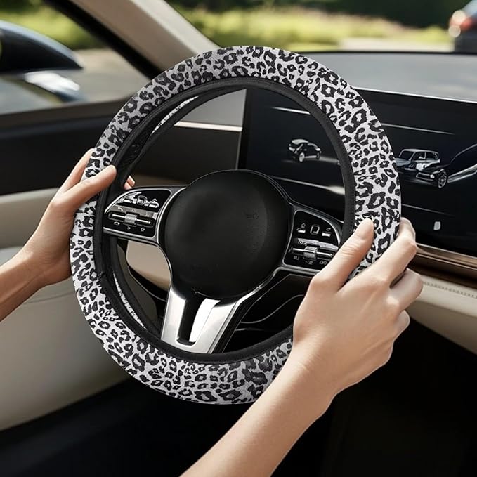 Universal Non-Slip Steering Wheel Cover, 15-inch Polyester Material Driving Accessories, Adjustable for Car and Truck(Artistic Black White Leopard)