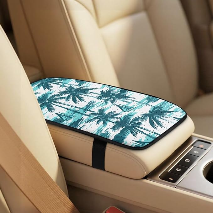 Qeluxign Car Seat Cover Set with Armrest Cover Cushion PU Automotive Car Cover and Seat Belt Shoulder Straps Pad, Universal Fit for Truck Sedan SUV, Pack of 5,Turquoise Palm Tree Sailboat