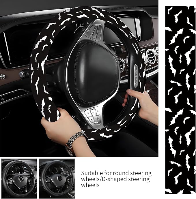 Steering Wheel Covers for Car, Truck, and SUV, Cute Non-Slip Breathable Elastic Steering Wheel, Car Accessories, Universal 15 Inch Leather Cover for Men Women Black Bat
