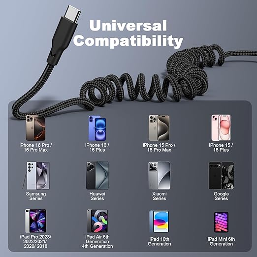 Eettvekd Coiled Car Carplay Charger Fast Charging，[2-Pack, 3Ft] Retractable Braid USB A to USB C Cable for iPhone 17/16/15/Plus/Pro Max/MacBook Pro, Type-C Cord,Black
