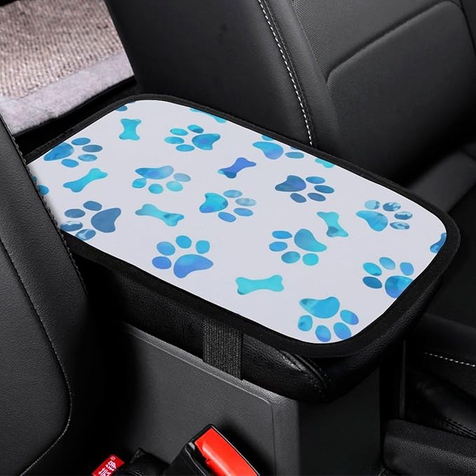 Blue Watercolor Paw Prints Car Center Console Cushion Pad,Waterproof Armrest Seat Box Cover Protector,Comfortable Car Decor Accessories Fit for Most Cars, Vehicles, SUVs