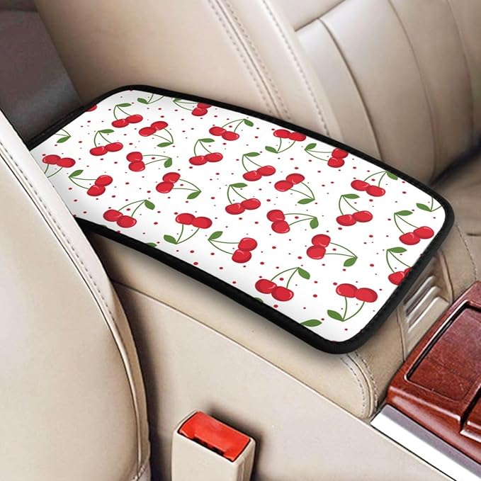 Universal Car Center Console Cushion Pad, Red Cherry Soft Waterproof Car Center Console Cover Auto Armrest Seat Box Cover Protector for Most Vehicle SUV Truck Car